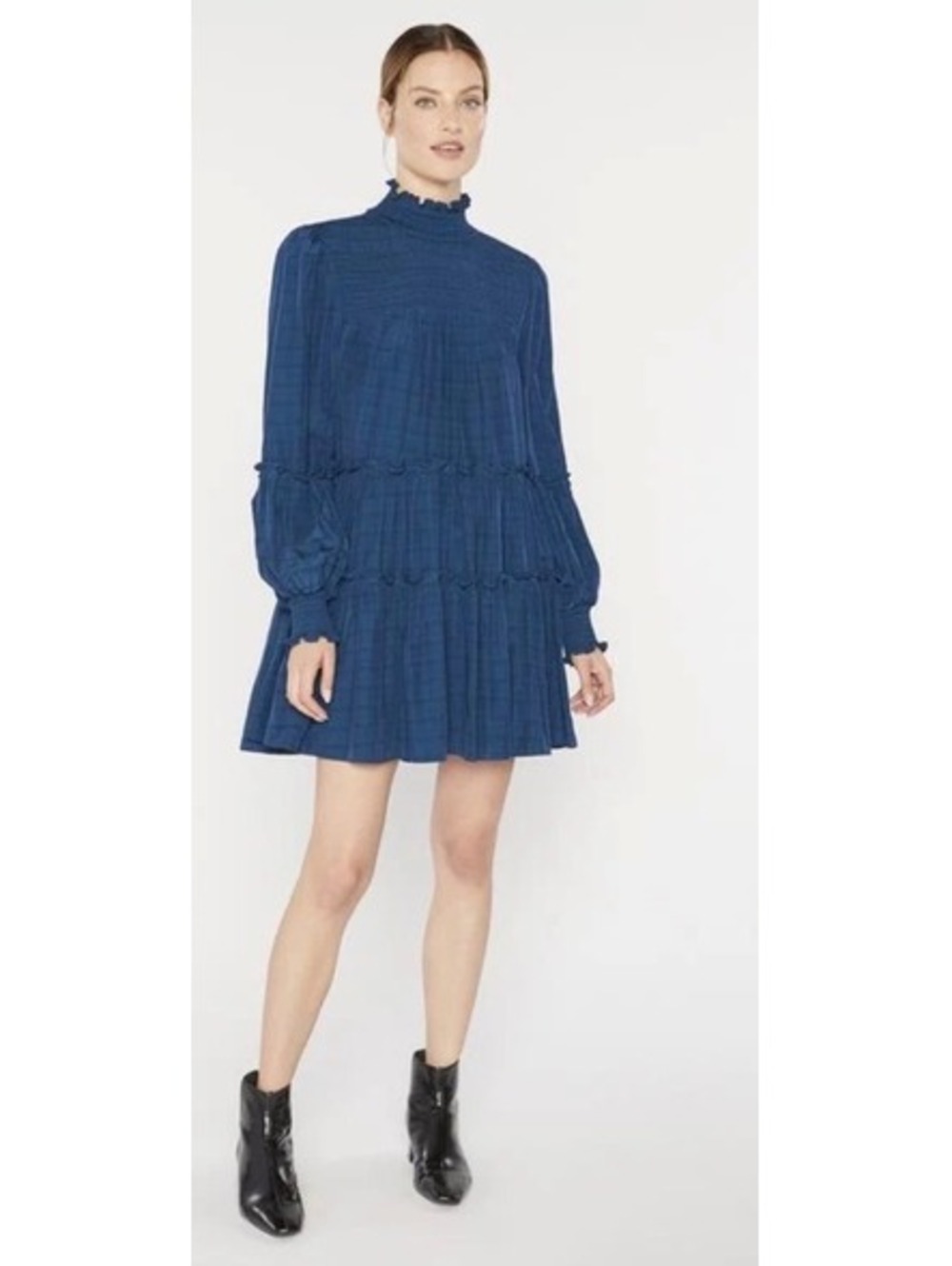 Cinq à Sept Tous Les Jours Rika Smocked Ruffle Mock Neck Mini Peacock Blue 6